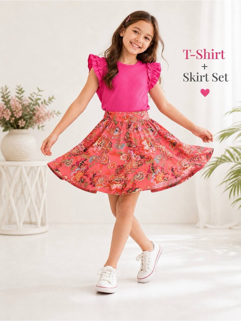 A Loves A Girls Pink Ruffle Top Coral Floral Skirt 2pc Set Size M 9-10